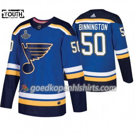 St. Louis Blues Jordan Binnington 50 Adidas 2019 Stanley Cup Champions Royal Authentic Shirt - Kinderen